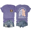 Detailed front and back views of purple T-shirt with skull and flower graphics - S / Purple Front Chest (White Graphic)