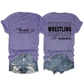 Front and back view of purple Wrestling Mom t-shirt and denim shorts set on white background - Purple (Black Font)