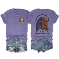 Purple T-shirt detail showing floral rib cage back print and front bull skull graphic - S / Purple Front Chest (Black Graphic)
