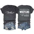 Front and back view of Wrestling Mom t-shirt with heart graphics and casual denim shorts - Heater Grey (White Font)