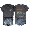 Detail view of charcoal t-shirt with back quote print and distressed denim shorts - S / Heather Grey (White Print)