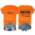 Detail of Wrestling Mom t-shirt featuring vibrant orange fabric and distressed denim shorts - Orange (Black Font)