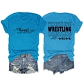 Blue Wrestling Mom t-shirt and denim shorts set with graphic print on white backdrop - Lake Blue (Black Font)