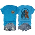 Detailed front and back view of blue bull skull and ribcage floral print t-shirt set - S / Lake Blue Front Chest (Black Graphic)