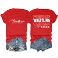 Detail of red Wrestling Mom T-shirt showing front and back white graphic print design - Red (White Font)