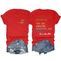 Detailed front and back view of red cotton T-shirt with inspirational text and denim shorts - S / Red (White Print)