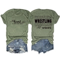 Detail view of Wrestling Mom olive green t-shirt with heart graphic and denim shorts - Olive Green (Black Font)
