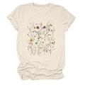 Detailansicht eines beigen T-Shirts mit Blumenprint, Rundhalsausschnitt und Rollsaum - S / Sandfarben