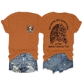 Detailed back print of a vintage caramel t-shirt featuring skeleton ribs and daisy flowers - S / Burnt Orange Front Chest (Black Graphic)