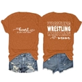 Detailed front and back view of Wrestling Mom t-shirt with heart and mat graphics - Burnt Orange (White Font)