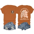 Detail of flower-adorned rib cage print and emotional quote on orange cotton T-shirt - S / Burnt Orange Front Chest (White Graphic)