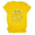 Detailed close-up of vibrant floral and butterfly print on yellow crew neck T-shirt - Yellow