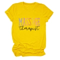 Close-up of bright yellow Massage Therapist t-shirt with colorful printed lettering - S / Tops / Yellow