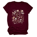 Detailed close-up of floral and butterfly print on a burgundy crew neck cotton T-shirt - Burgundy