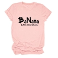 Close-up of pink crew neck t-shirt with black BaNana Bad Ass Nana slogan print - Pink