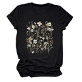 Detail of elegant black floral t-shirt with wildflower and butterfly print on soft cotton - Black