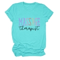 Detail view of the soft turquoise cotton t-shirt with MASSAGE therapist printed on the chest - S / Tops / Deep Water Blue