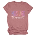 Detail of a rose pink cotton T-shirt featuring a rainbow Massage Therapist print design - S / Tops / Rose Gold