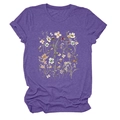 Detail of floral graphic print on purple heather cotton short sleeve T-shirt for women - Purple