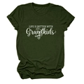 Close-up of Life is Better with Grandkids slogan printed on a green cotton t-shirt - Army Green (White Font)