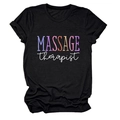 Close-up of 'MASSAGE therapist' colorful print on black cotton crewneck t-shirt fabric - S / Tops / Black (White Text)