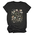 Elegant dark grey crew neck short sleeve T-shirt with a colorful wildflower floral print - Black Heather Grey