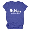 Close-up of BaNana Bad Ass Nana print on a navy blue crewneck short sleeve t-shirt - Retro Blue (White Font)