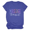 Close-up of Massage Therapist text art and rolled sleeve detail on a navy cotton T-shirt - S / Tops / Retro Blue (White Text)