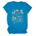 Detailed view of peacock blue floral print T-shirt with vibrant wildflower graphics - Lake Blue