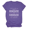 Close-up of math slogan print and neckline on a purple crew neck cotton T-shirt - Purple (White Font)