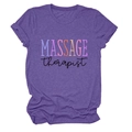 Detail view of heather purple cotton T-shirt featuring massage therapist graphic print - S / Tops / Purple (Black Text)