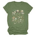 Detail of green floral T-shirt with wildflowers and butterfly print on soft fabric - Olive Green
