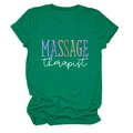 Detailed view of the forest green t-shirt with colorful Massage Therapist print - S / Tops / Ink Green (White Text)