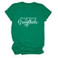 Detail of dark green t-shirt featuring LIFE IS BETTER WITH Grandkids white graphic print - Dark Green (White Font)