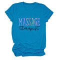 Detail of teal crew neck t-shirt featuring MASSAGE therapist graphic on soft cotton fabric - S / Tops / Lake Blue (Black Text)
