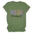 Macro detail of heather green fabric and massage therapist print on the cotton t-shirt - S / Tops / Olive Green (Black Font)