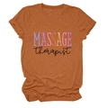 Detail of rust red massage therapist t-shirt with rolled sleeves and graphic print - S / Tops / Burnt Orange (Black Font)