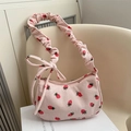 Pink corduroy strawberry underarm bag with cloud-like pleated strap and bow detail - Pink