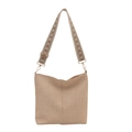 Minimalist straw tote bag with colorful ethnic pattern wide woven shoulder strap - Khaki