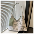 Canvas tote bag in off-white with green butterfly print and matching shoulder strap - Green