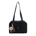 Retro black canvas tote bag with a cute plush monster charm and button detail - With Pendant / Black