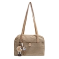 Retro canvas shoulder bag with large capacity and cute monster plush pendant in beige - With Pendant / Khaki