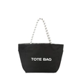 Minimalist black canvas tote bag with woven handles and large TOTE BAG print on front - Black