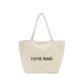Minimalist off-white canvas tote bag with black lettering and woven handles - White