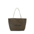 Deep olive green canvas tote bag with woven rope handles and THE TOTE BAG print - Brown