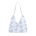 Sac fourre-tout en fausse fourrure blanche avec motifs papillon bleus et chaîne - Bleu