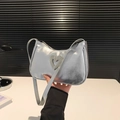 Silver metallic shoulder bag with rhinestone heart detail and pleated texture surface - Silver