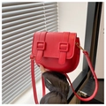 Detailed macro view of the red saddle bag with matte leather finish and gold hardware - Red