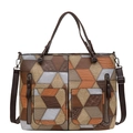 Sac cabas chic en patchwork géométrique, cuir synthétique marron et orange avec sangle - Fauve