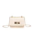 Mini straw flap bag with herringbone weave and gold chain strap in light beige - Off White